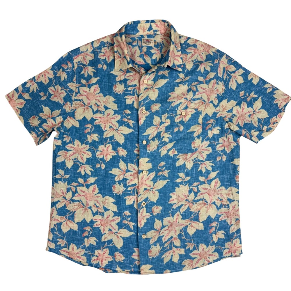 Faherty Linen Blend Floral Hibiscus Reverse Print Button Up Men Medium Blue